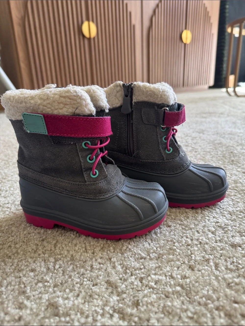 Cat & Jack Gray Kids Snow Boots with Pink and Teal Accents